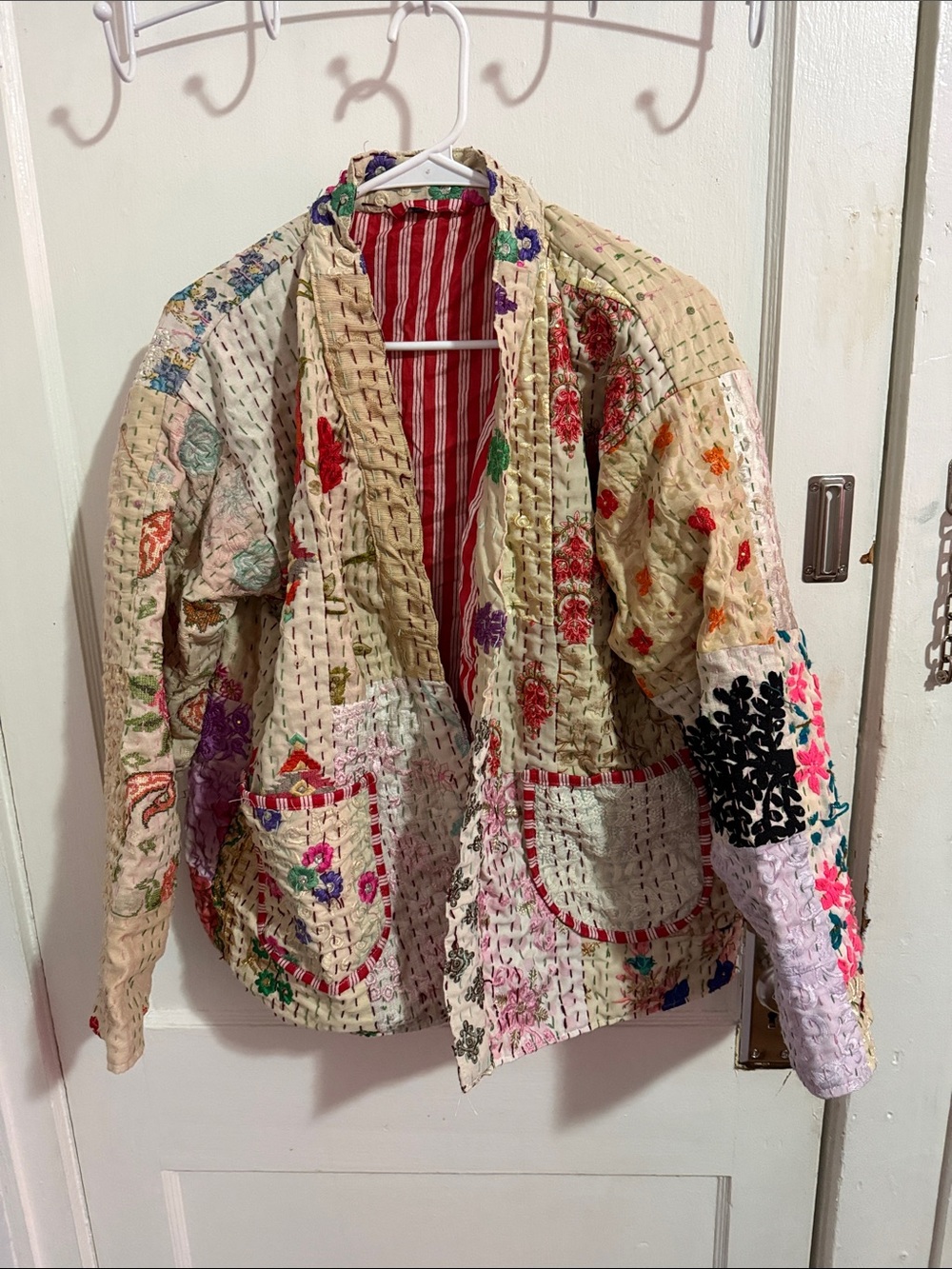 Handmade Floral Quilted Patchwork Jacket - Cream Multicolor